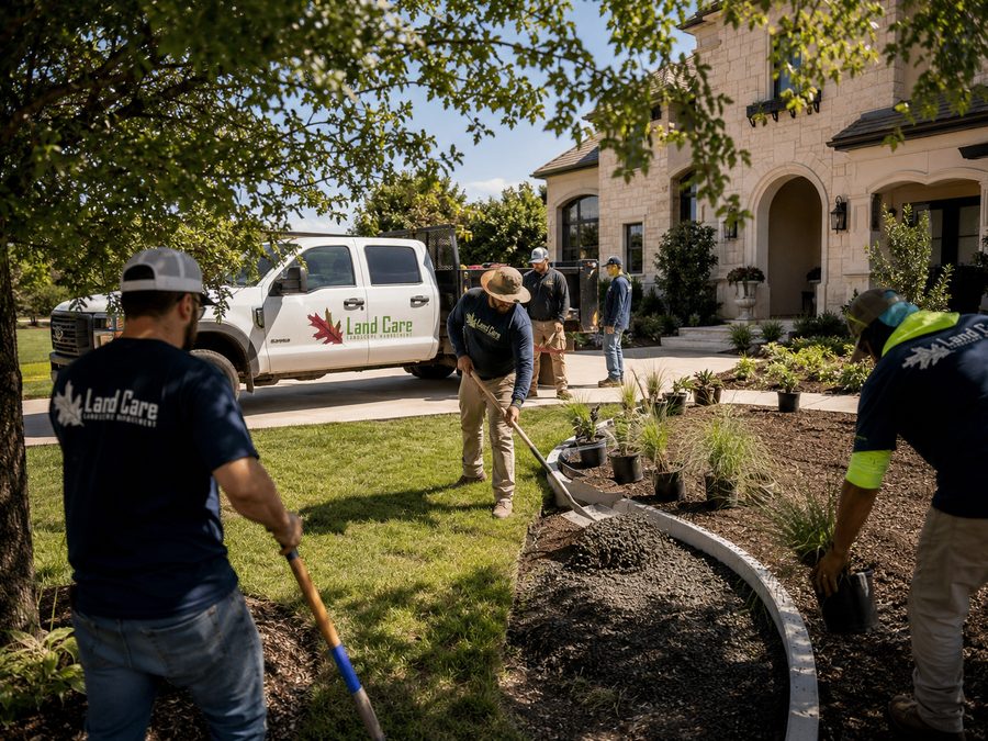 Land Care crew installing landscape beds at a high-end North Texas home